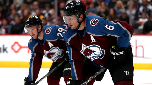 DENVER, CO - OCTOBER 11: Erik Johnson #6 of the Colorado Avalanche plays the Boston Bruins at the Pepsi Center on October 11, 2017 in Denver, Colorado.
