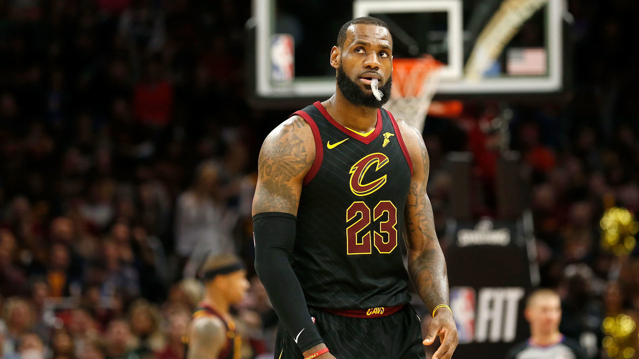 CLEVELAND, OH - JANUARY 20: LeBron James #23 of the Cleveland Cavaliers looks up at the scoreboard during a stoppage in play in the second quarter of the game against the Oklahoma City Thunder at Quicken Loans Arena on January 20, 2018 in Cleveland, Ohio. Oklahoma City defeated Cleveland 148-124.