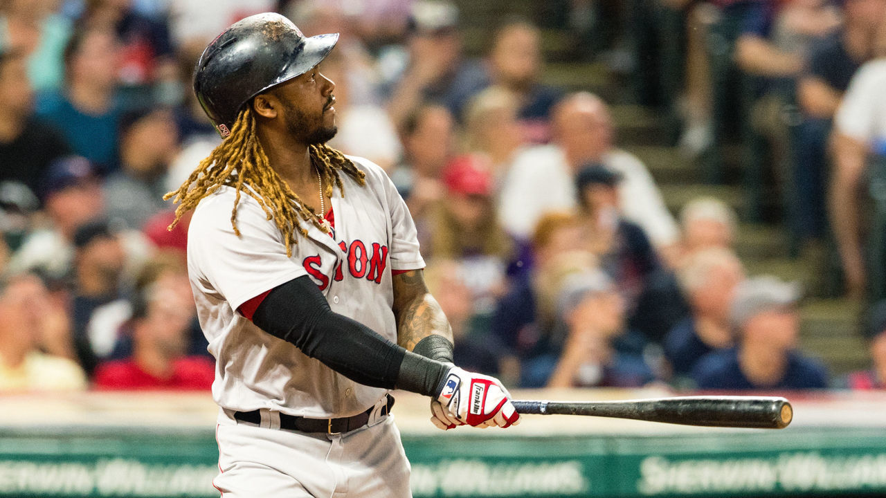 CLEVELAND, OH - AUGUST 21: Hanley Ramirez #13 of the Boston Red Sox watches a two run home run clear the left field fence during the fifth inning against the Cleveland Indians at Progressive Field on August 21, 2017 in Cleveland, Ohio.