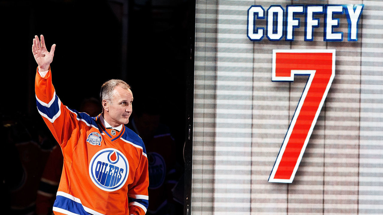 EDMONTON, AB - APRIL 6: Former Oiler Paul Coffey is introduced during the closing ceremonies at Rexall Place following the game between the Edmonton Oilers and the Vancouver Canucks on April 6, 2016 at Rexall Place in Edmonton, Alberta, Canada. The game was the final game the Oilers played at Rexall Place before moving to Rogers Place next season.