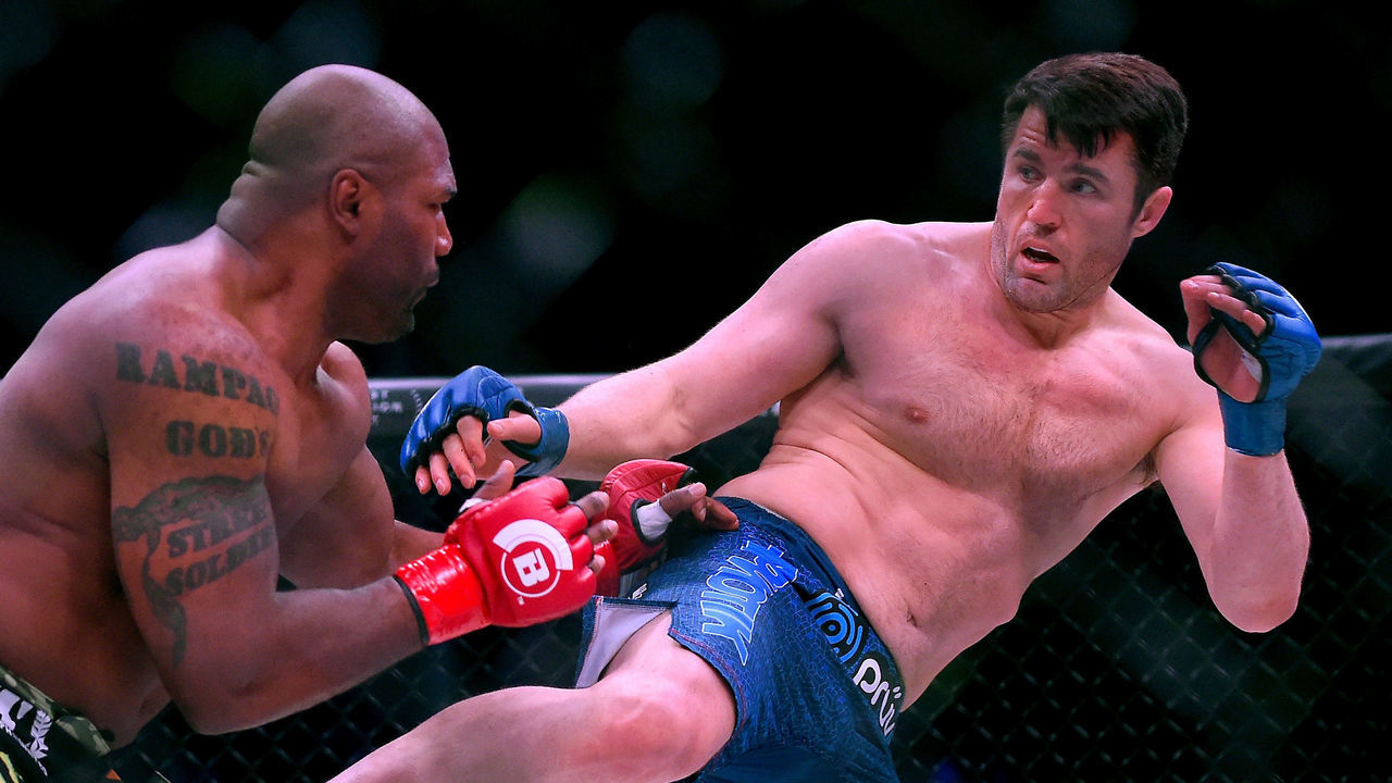 INGLEWOOD, CA - JANUARY 20: Chael Sonnen (blue gloves) as he defeated Quinton Jackson (red gloves) in their Heavyweight World Title fight at Bellator 192 at The Forum on January 20, 2018 in Inglewood, California.