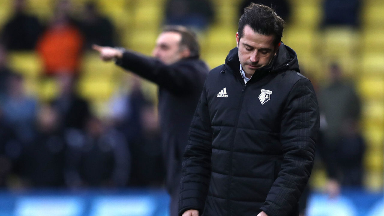 WATFORD, ENGLAND - DECEMBER 30: Marco Silva, Manager of Watford looks dejected during the Premier League match between Watford and Swansea City at Vicarage Road on December 30, 2017 in Watford, England.