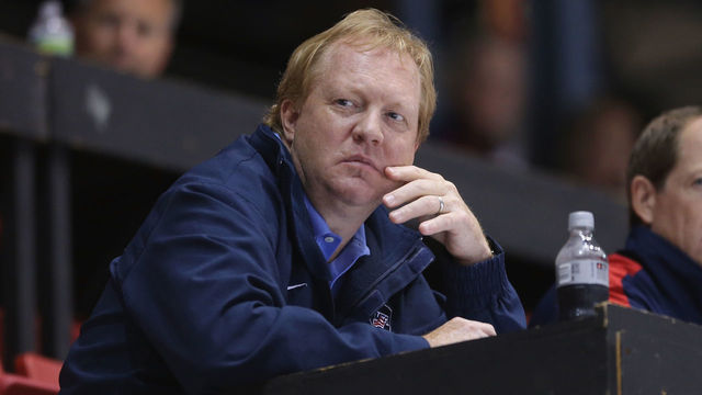 LAKE PLACID, NY - AUGUST 06: General Manager of the 2012 USA Hockey National Junior Team Jim Johannson watches the USA Blue Squad take on Team Finland at the USA hockey junior evaluation camp at the Lake Placid Olympic Center on August 6, 2012 in Lake Placid, New York. Team USA defeated Finland 5-4.