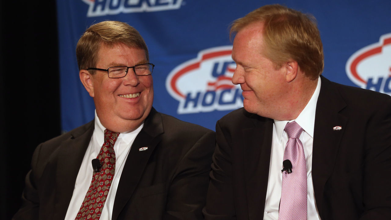 NEW YORK, NY - JUNE 29: Dave Ogrean, executive director and Jim Johannson, assistant executive director of hockey operations for USA Hockey speak with the media regarding the 2014 Men's Olympic Hockey Team at the Marriott Marquis Hotel on June 29, 2013 in New York City.