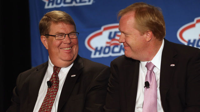 NEW YORK, NY - JUNE 29: Dave Ogrean, executive director and Jim Johannson, assistant executive director of hockey operations for USA Hockey speak with the media regarding the 2014 Men's Olympic Hockey Team at the Marriott Marquis Hotel on June 29, 2013 in New York City.