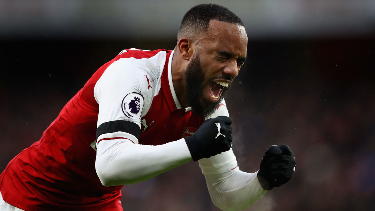 LONDON, ENGLAND - JANUARY 20: Alexandre Lacazette of Arsenal celebrates scoring his side's fourth goal during the Premier League match between Arsenal and Crystal Palace at Emirates Stadium on January 20, 2018 in London, England.