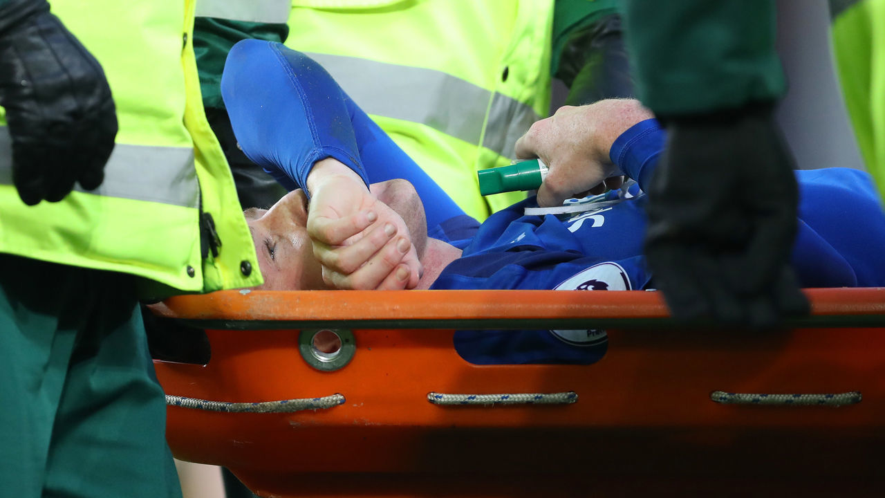 LIVERPOOL, ENGLAND - JANUARY 20: James McCarthy of Everton with a suspected broken leg during the Premier League match between Everton and West Bromwich Albion at Goodison Park on January 20, 2018 in Liverpool, England.