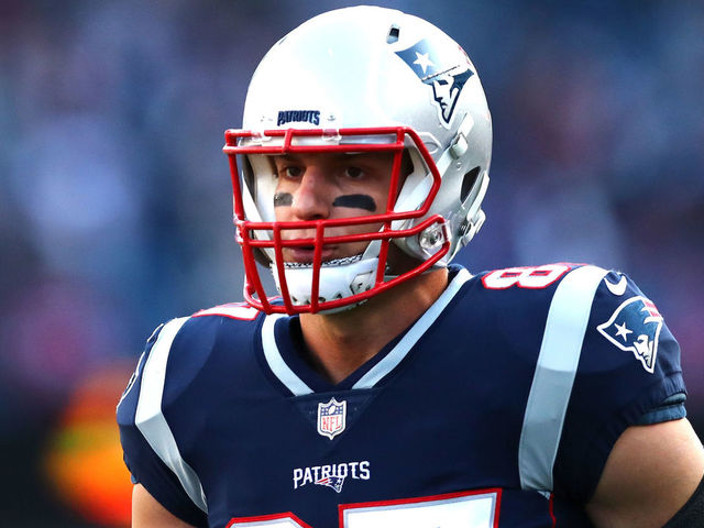FOXBOROUGH, MA - JANUARY 21: Rob Gronkowski #87 of the New England Patriots wamrs up before the AFC Championship Game against the Jacksonville Jaguars at Gillette Stadium on January 21, 2018 in Foxborough, Massachusetts.