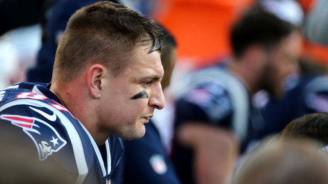 FOXBOROUGH, MA - JANUARY 21: Rob Gronkowski #87 of the New England Patriots reacts in the first half during the AFC Championship Game against the Jacksonville Jaguars at Gillette Stadium on January 21, 2018 in Foxborough, Massachusetts.