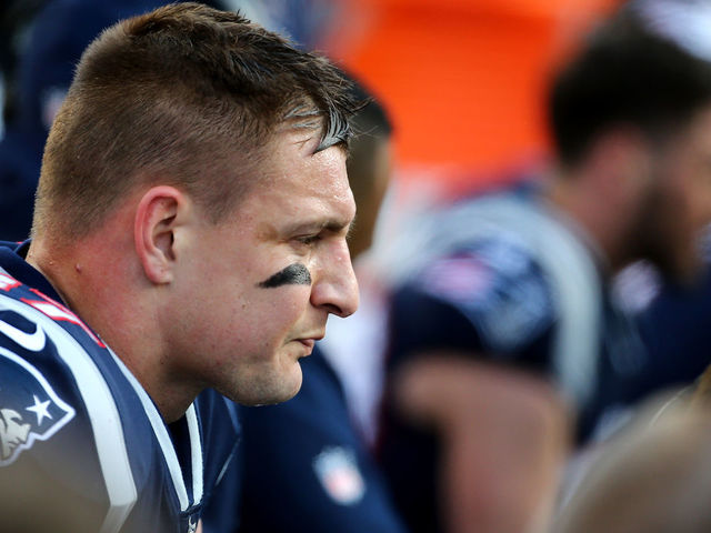 FOXBOROUGH, MA - JANUARY 21: Rob Gronkowski #87 of the New England Patriots reacts in the first half during the AFC Championship Game against the Jacksonville Jaguars at Gillette Stadium on January 21, 2018 in Foxborough, Massachusetts.