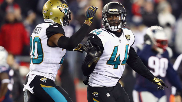FOXBOROUGH, MA - JANUARY 21: Myles Jack #44 of the Jacksonville Jaguars celebrates with Jalen Ramsey #20 after forcing a fumble in the second half during the AFC Championship Game against the New England Patriots at Gillette Stadium on January 21, 2018 in Foxborough, Massachusetts.