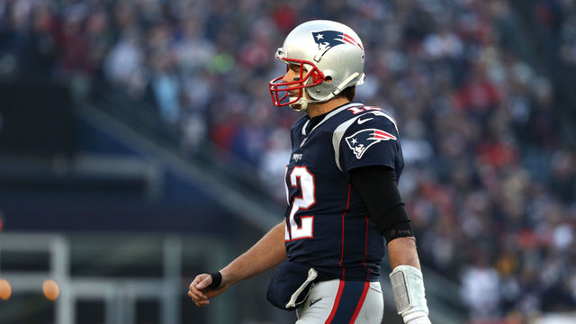 FOXBOROUGH, MA - JANUARY 21: Tom Brady #12 of the New England Patriots reacts in the first half during the AFC Championship Game against the Jacksonville Jaguars at Gillette Stadium on January 21, 2018 in Foxborough, Massachusetts.
