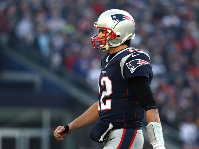 FOXBOROUGH, MA - JANUARY 21: Tom Brady #12 of the New England Patriots reacts in the first half during the AFC Championship Game against the Jacksonville Jaguars at Gillette Stadium on January 21, 2018 in Foxborough, Massachusetts.