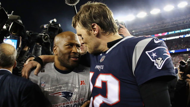 FOXBOROUGH, MA - JANUARY 21: Tom Brady #12 of the New England Patriots celebrates with James Harrison #92 after winning the AFC Championship Game against the Jacksonville Jaguars at Gillette Stadium on January 21, 2018 in Foxborough, Massachusetts.
