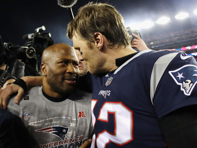 FOXBOROUGH, MA - JANUARY 21: Tom Brady #12 of the New England Patriots celebrates with James Harrison #92 after winning the AFC Championship Game against the Jacksonville Jaguars at Gillette Stadium on January 21, 2018 in Foxborough, Massachusetts.