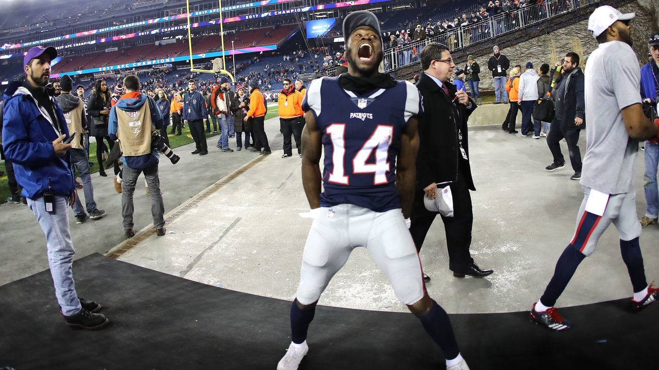 FOXBOROUGH, MA - JANUARY 21: Brandin Cooks #14 of the New England Patriots celebrates after the AFC Championship Game against the Jacksonville Jaguars at Gillette Stadium on January 21, 2018 in Foxborough, Massachusetts.
