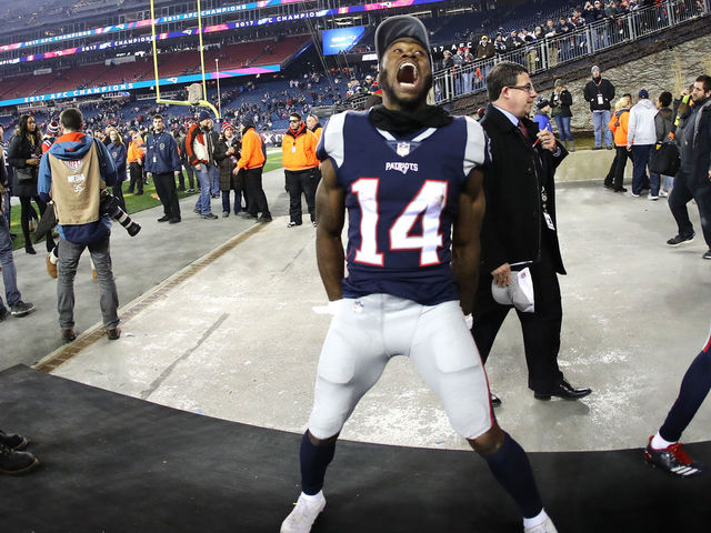 FOXBOROUGH, MA - JANUARY 21: Brandin Cooks #14 of the New England Patriots celebrates after the AFC Championship Game against the Jacksonville Jaguars at Gillette Stadium on January 21, 2018 in Foxborough, Massachusetts.