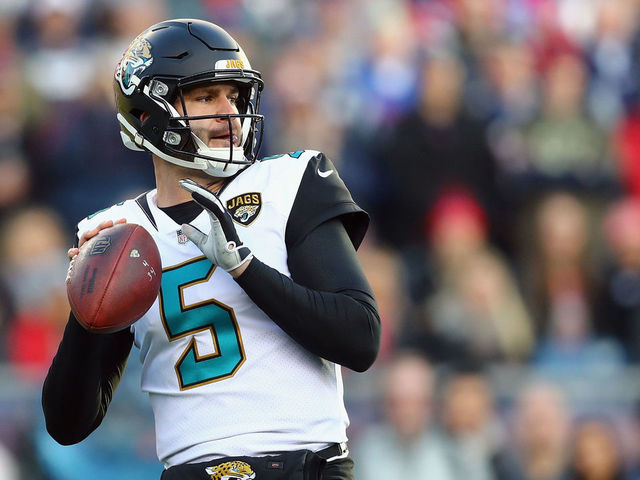 FOXBOROUGH, MA - JANUARY 21: Blake Bortles #5 of the Jacksonville Jaguars throws in the first quarter of the AFC Championship Game against the New England Patriots at Gillette Stadium on January 21, 2018 in Foxborough, Massachusetts.