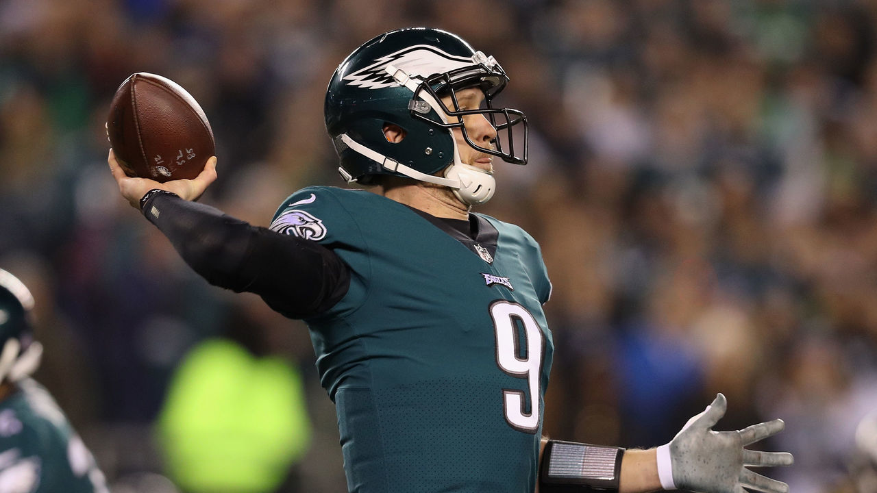 PHILADELPHIA, PA - JANUARY 21: Nick Foles #9 of the Philadelphia Eagles looks to pass during the first quarter against the Minnesota Vikings in the NFC Championship game at Lincoln Financial Field on January 21, 2018 in Philadelphia, Pennsylvania.
