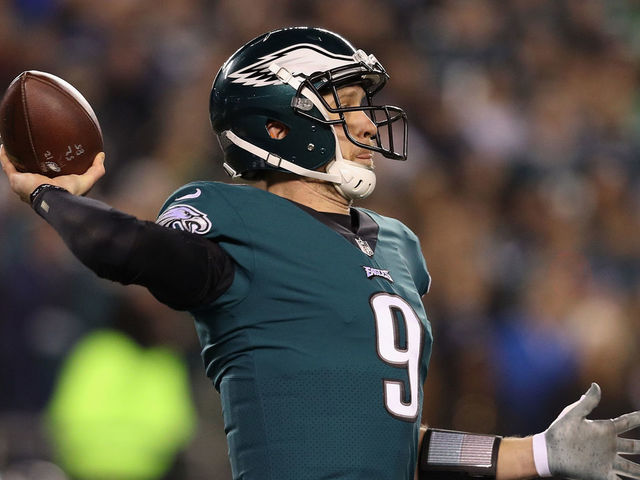 PHILADELPHIA, PA - JANUARY 21: Nick Foles #9 of the Philadelphia Eagles looks to pass during the first quarter against the Minnesota Vikings in the NFC Championship game at Lincoln Financial Field on January 21, 2018 in Philadelphia, Pennsylvania.