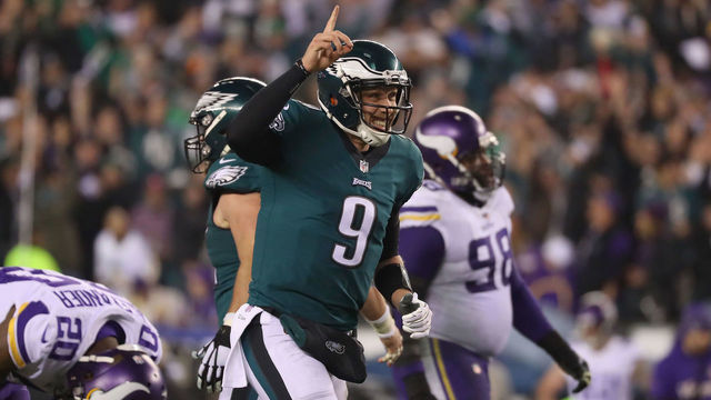 PHILADELPHIA, PA - JANUARY 21: Nick Foles #9 of the Philadelphia Eagles celebrates a first quarter touchdown against the Minnesota Vikings in the NFC Championship game at Lincoln Financial Field on January 21, 2018 in Philadelphia, Pennsylvania.