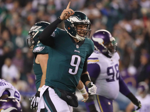 PHILADELPHIA, PA - JANUARY 21: Nick Foles #9 of the Philadelphia Eagles celebrates a first quarter touchdown against the Minnesota Vikings in the NFC Championship game at Lincoln Financial Field on January 21, 2018 in Philadelphia, Pennsylvania.