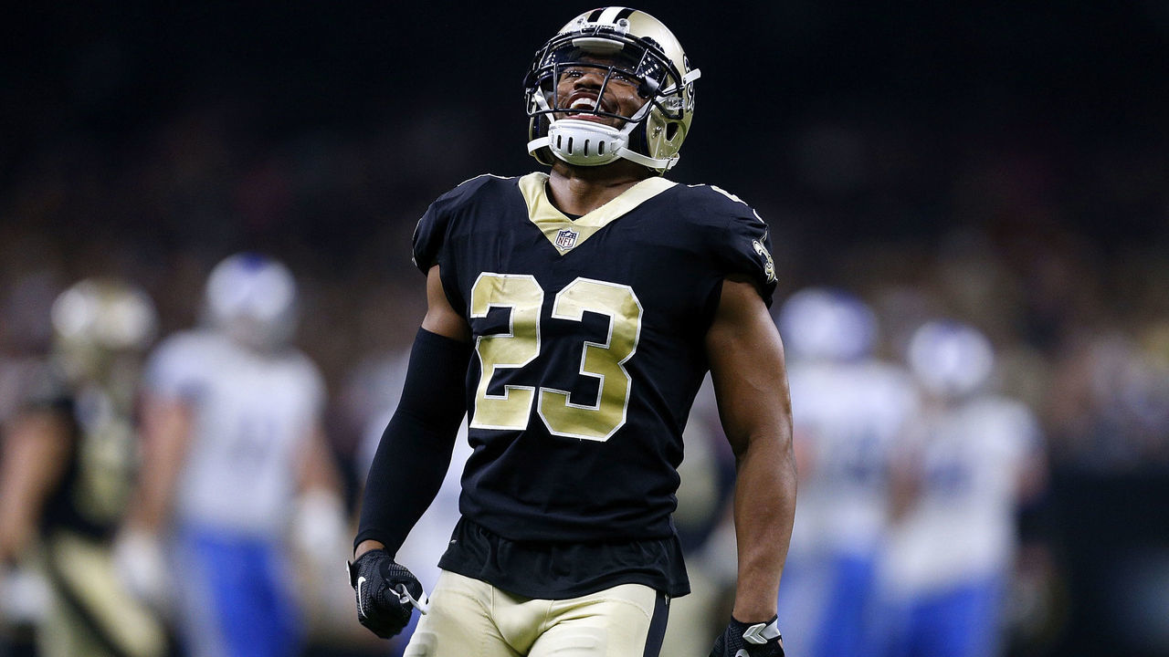 NEW ORLEANS, LA - OCTOBER 15: Marshon Lattimore #23 of the New Orleans Saints celebrates a braking up a pass during the first half of a game against the Detroit Lions at the Mercedes-Benz Superdome on October 15, 2017 in New Orleans, Louisiana.