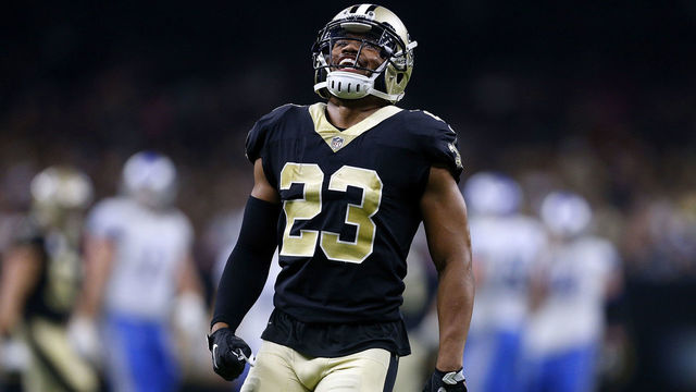 NEW ORLEANS, LA - OCTOBER 15: Marshon Lattimore #23 of the New Orleans Saints celebrates a braking up a pass during the first half of a game against the Detroit Lions at the Mercedes-Benz Superdome on October 15, 2017 in New Orleans, Louisiana.