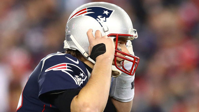 FOXBOROUGH, MA - JANUARY 21: Tom Brady #12 of the New England Patriots reacts in the fourth quarter during the AFC Championship Game against the Jacksonville Jaguars at Gillette Stadium on January 21, 2018 in Foxborough, Massachusetts.