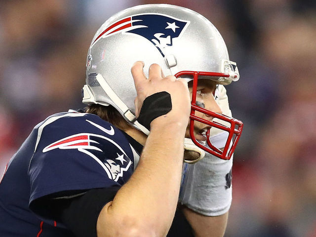 FOXBOROUGH, MA - JANUARY 21: Tom Brady #12 of the New England Patriots reacts in the fourth quarter during the AFC Championship Game against the Jacksonville Jaguars at Gillette Stadium on January 21, 2018 in Foxborough, Massachusetts.