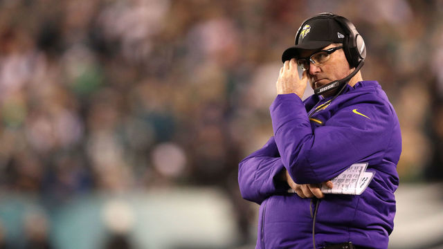 PHILADELPHIA, PA - JANUARY 21: Head coach Mike Zimmer of the Minnesota Vikings looks on during second half against the Philadelphia Eagles during the NFC Championship at Lincoln Financial Field on January 21, 2018 in Philadelphia, Pennsylvania.