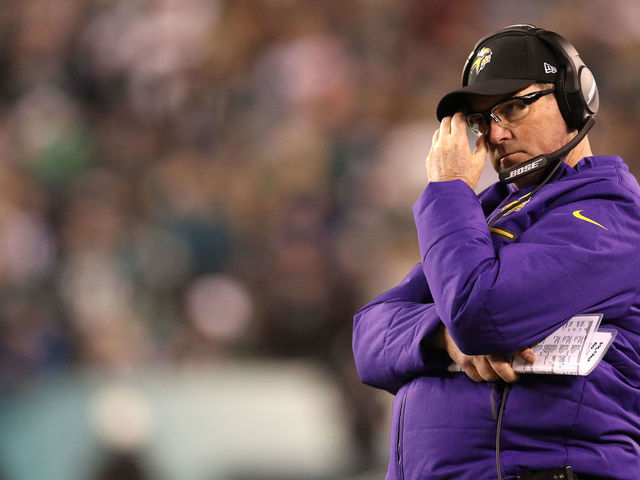 PHILADELPHIA, PA - JANUARY 21: Head coach Mike Zimmer of the Minnesota Vikings looks on during second half against the Philadelphia Eagles during the NFC Championship at Lincoln Financial Field on January 21, 2018 in Philadelphia, Pennsylvania.