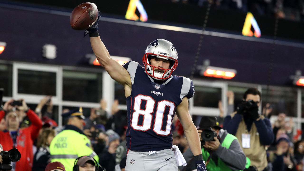 FOXBOROUGH, MA - JANUARY 21: Danny Amendola #80 of the New England Patriots reacts in the fourth quarter after a touchdown catch during the AFC Championship Game against the Jacksonville Jaguars at Gillette Stadium on January 21, 2018 in Foxborough, Massachusetts.