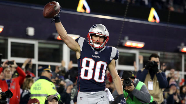 FOXBOROUGH, MA - JANUARY 21: Danny Amendola #80 of the New England Patriots reacts in the fourth quarter after a touchdown catch during the AFC Championship Game against the Jacksonville Jaguars at Gillette Stadium on January 21, 2018 in Foxborough, Massachusetts.