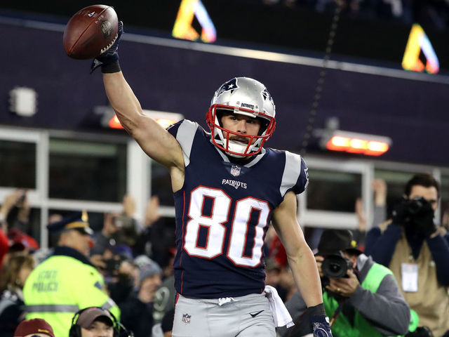 FOXBOROUGH, MA - JANUARY 21: Danny Amendola #80 of the New England Patriots reacts in the fourth quarter after a touchdown catch during the AFC Championship Game against the Jacksonville Jaguars at Gillette Stadium on January 21, 2018 in Foxborough, Massachusetts.