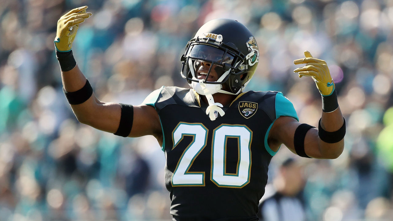 JACKSONVILLE, FL - DECEMBER 17: Jalen Ramsey #20 of the Jacksonville Jaguars celebrates a play during the second half of their game against the Houston Texans at EverBank Field on December 17, 2017 in Jacksonville, Florida.