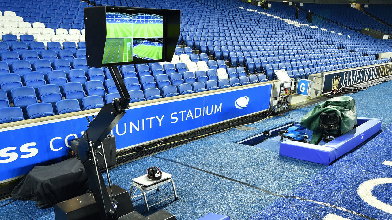 The Video Assistant Referee (VAR) system pitchside, is pictured prior to its use during the English FA Cup third round football match between Brighton and Hove Albion and Crystal Palace at the American Express Community Stadium in Brighton, southern England on January 8, 2018. / AFP PHOTO / Glyn KIRK /