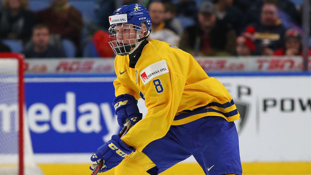 BUFFALO, NY - JANUARY 4: Rasmus Dahlin #8 of Sweden during the IIHF World Junior Championship against the United States at KeyBank Center on January 4, 2018 in Buffalo, New York.