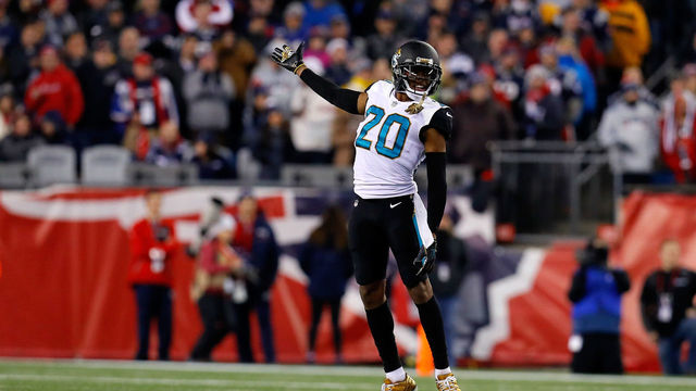 FOXBOROUGH, MA - JANUARY 21: Jalen Ramsey #20 of the Jacksonville Jaguars reacts in the second half during the AFC Championship Game against the New England Patriots at Gillette Stadium on January 21, 2018 in Foxborough, Massachusetts.