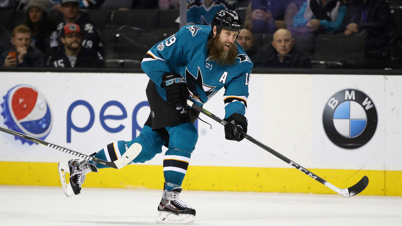 SAN JOSE, CA - DECEMBER 07: Joe Thornton #19 of the San Jose Sharks scores a goal against the Carolina Hurricanes at SAP Center on December 7, 2017 in San Jose, California.