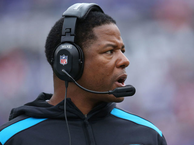 ORCHARD PARK, NY - SEPTEMBER 15: Secondary/Pass Defense Coordinator Steve Wilks of the Carolina Panthers during NFL game action against the Buffalo Bills at Ralph Wilson Stadium on September 15, 2013 in Orchard Park, New York.