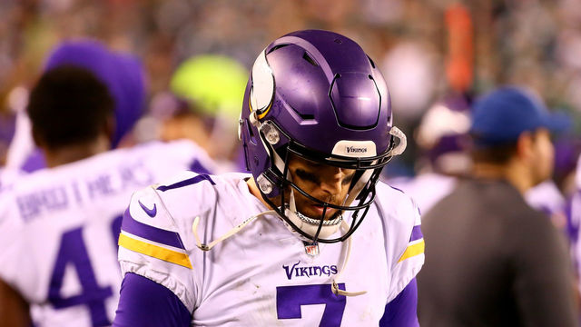 PHILADELPHIA, PA - JANUARY 21: Case Keenum #7 of the Minnesota Vikings looks on against the Philadelphia Eagles during the fourth quarter in the NFC Championship game at Lincoln Financial Field on January 21, 2018 in Philadelphia, Pennsylvania.