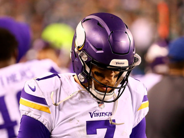 PHILADELPHIA, PA - JANUARY 21: Case Keenum #7 of the Minnesota Vikings looks on against the Philadelphia Eagles during the fourth quarter in the NFC Championship game at Lincoln Financial Field on January 21, 2018 in Philadelphia, Pennsylvania.