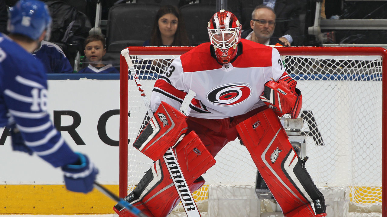 TORONTO,ON - DECEMBER 19: Scott Darling #33 of the Carolina Hurricanes gets set to face a shot against the Toronto Maple Leafs during an NHL game at the Air Canada Centre on December 19, 2017 in Toronto, Ontario, Canada. The Maple Leafs defeated the Hurricanes 8-1.