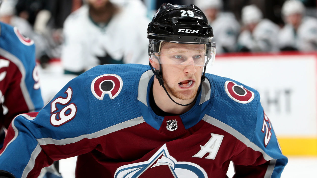 DENVER, CO - JANUARY 18: Nathan MacKinnon #29 of the Colorado Avalanche plays the San Jose Sharks at the Pepsi Center on January 18, 2018 in Denver, Colorado.