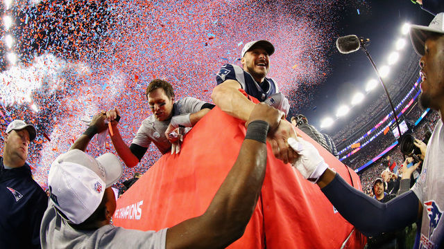 FOXBOROUGH, MA - JANUARY 21: Tom Brady #12 and Danny Amendola #80 of the New England Patriots celebrate after winning the AFC Championship Game against the Jacksonville Jaguars at Gillette Stadium on January 21, 2018 in Foxborough, Massachusetts.