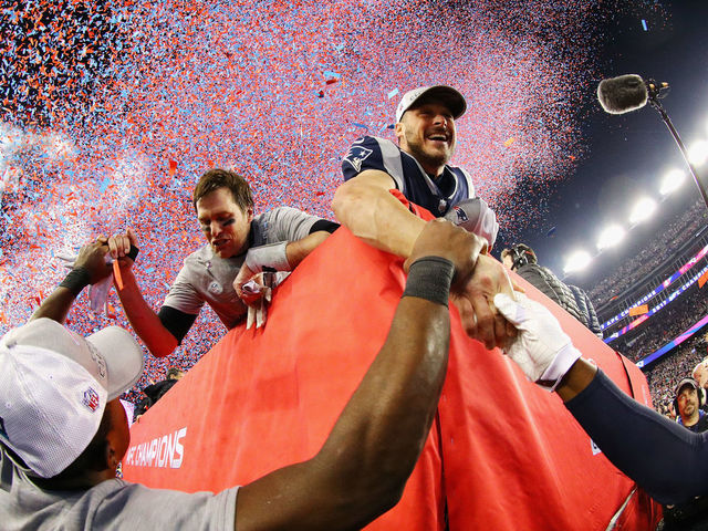 FOXBOROUGH, MA - JANUARY 21: Tom Brady #12 and Danny Amendola #80 of the New England Patriots celebrate after winning the AFC Championship Game against the Jacksonville Jaguars at Gillette Stadium on January 21, 2018 in Foxborough, Massachusetts.