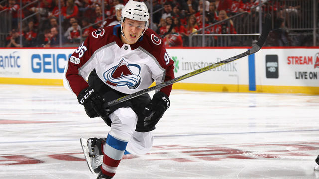 NEWARK, NJ - OCTOBER 07: Mikko Rantanen #96 of the Colorado Avalanche skates against the New Jersey Devils at the Prudential Center on October 7, 2017 in Newark, New Jersey.