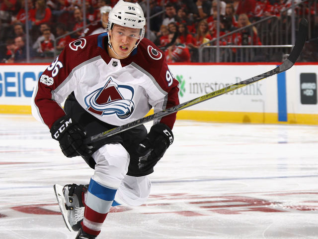 NEWARK, NJ - OCTOBER 07: Mikko Rantanen #96 of the Colorado Avalanche skates against the New Jersey Devils at the Prudential Center on October 7, 2017 in Newark, New Jersey.