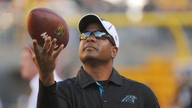 PITTSBURGH, PA - AUGUST 30: Secondary/pass defense coordinator Steve Wilks of the Carolina Panthers tosses a football in the air during pregame warmup before a preseason game against the Pittsburgh Steelers at Heinz Field on August 30, 2012 in Pittsburgh, Pennsylvania. The Steelers defeated the Panthers 17-16.